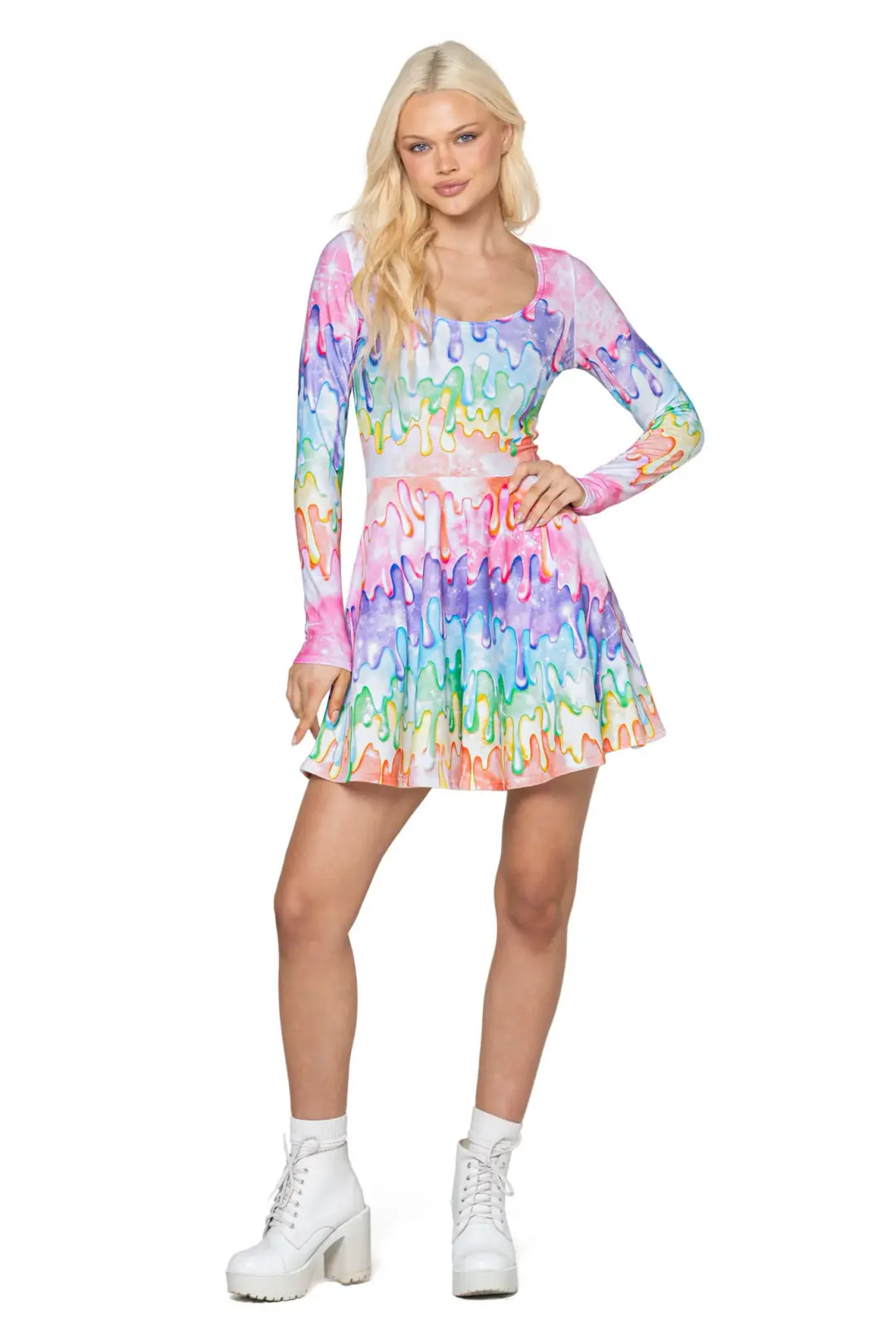 Rainbow Drip Long Sleeve Skater Dress