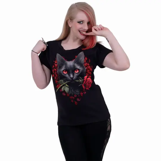 Cat's Love Boatneck Top Black - Cat Mom Shirt - Feline Love Cap Sleeve Tee