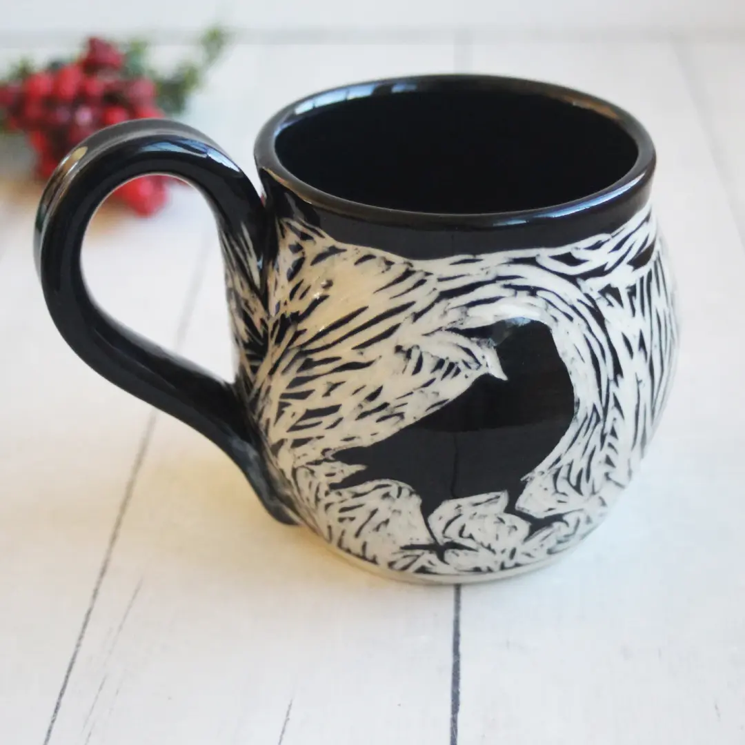 Black Crow Sgraffito Mug, Hand Carved Raven Coffee Cup, 14 oz., Made in USA
