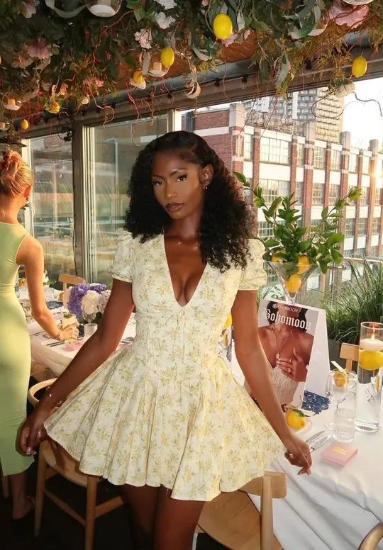 Yellow small floral deep V sexy puff sleeve A-line tutu skirt homecoming dress R2456