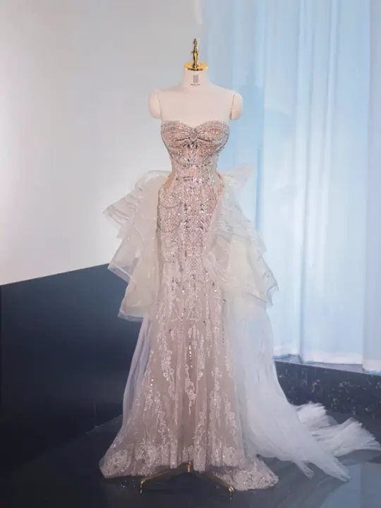 Light apricot strapless fitted waist bodycon long ball gown, bridal dress R8989