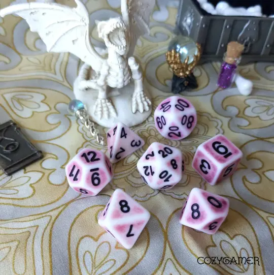 Pink Ancient Dice Set – 7-Piece Matte Resin Black Font DnD Dice
