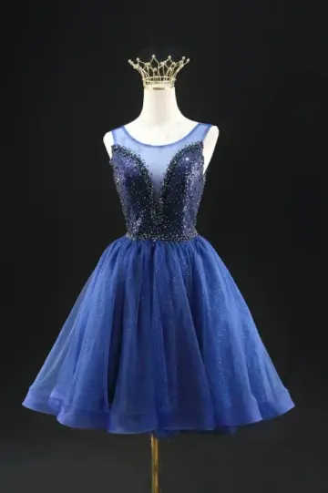 Sexy Royal Blue Beaded A-Line Sheer Straps Corset Mini Prom Dress Homecoming Dress RS422