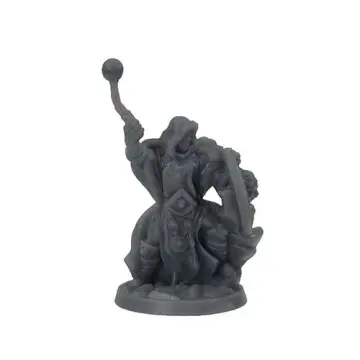 Unpainted 32mm 3D-printed hooded human cleric swinging a mace behind a round shield bearing a lion’s face — tabletop RPG miniature for D&D, Pathfinder & wargaming