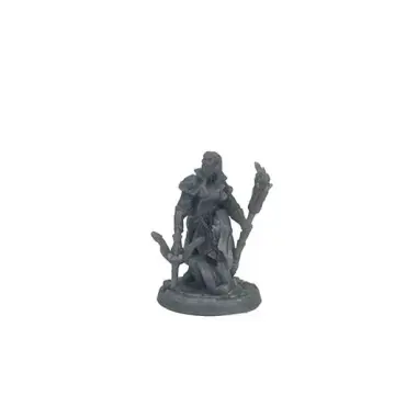 A photograph of an unpainted, grey resin miniature of a female vampire hunter. She is posed with one foot resting on a rock, holding a flaming torch upright in her left hand and a heavy crossbow pointing downward in her right hand.