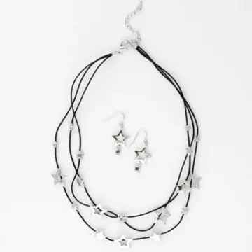 Silver Stars Layered Necklace and Earrings Set