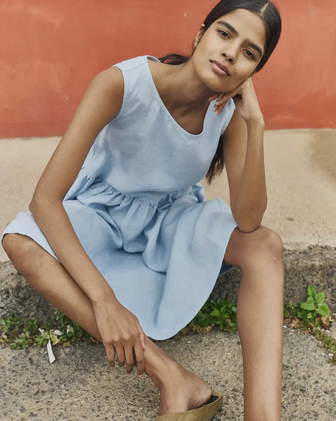 R: Midi SMOCK loose linen dress (Color: Blue July; Size: M - MIDI length)