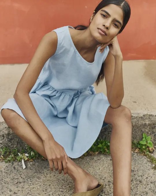 R: Midi SMOCK loose linen dress (Color: Blue July; Size: M - MIDI length)