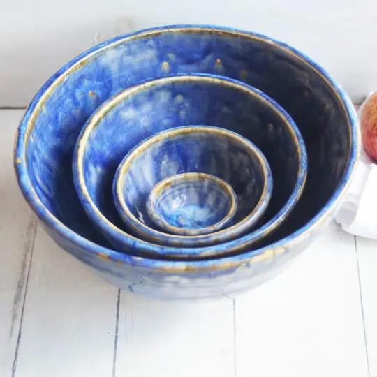 Four Bowl Nesting Set, Ceramic Pottery Bowls in Blue Starry Night Glazes, Made in USA