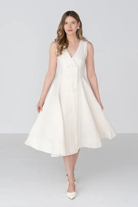 Rosa – Midi Linen Dress with Double-Button Front