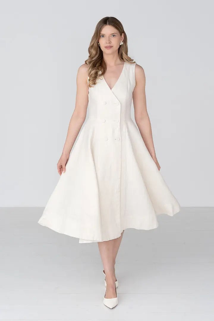 Rosa – Midi Linen Dress with Double-Button Front