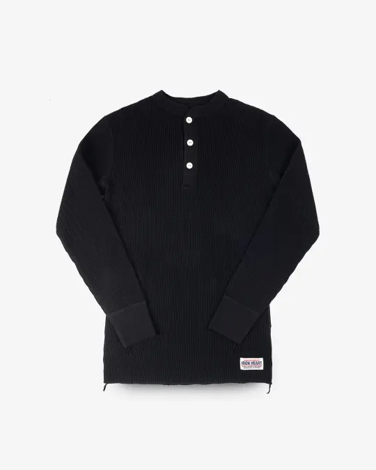 Waffle Knit Long Sleeved Thermal Henley - Black