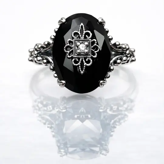 Black Onyx Ring, Size 4, Sterling Silver Embellishment, Gothic Jewelry #D113e - Ready to Ship