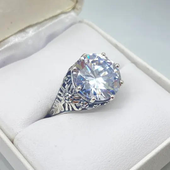 White CZ Crown Ring, Size 9, Round Gem, Silver Filigree Victorian Jewelry, D08  - Ready to Ship