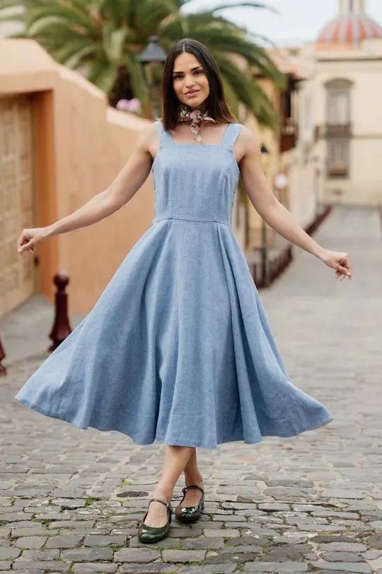 Pinafore – Sleeveless Linen Denim Midi Dress