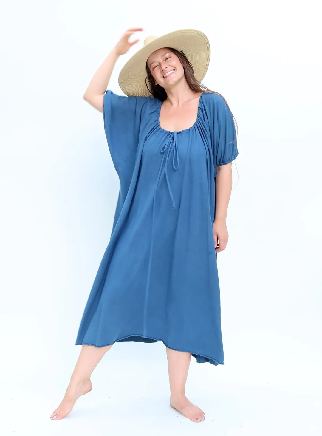 Drawstring Collar Honey Bee Below Knee Kaftan