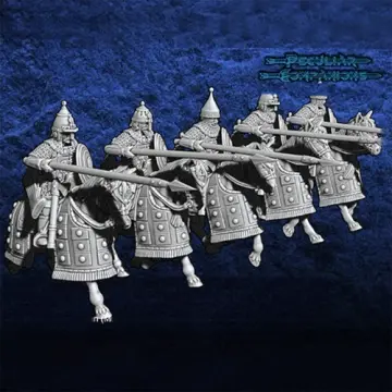 Unpainted 28mm 3D-printed boyar heavy cavalry in lamellar with lances, 5 cavalry miniatures — tabletop miniatures for historical wargaming, D&D & Pathfinder