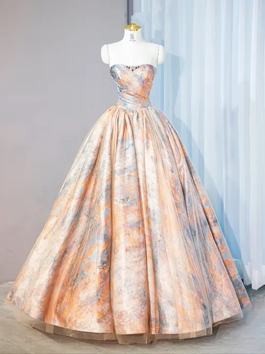 Orange tie-dye strapless fitted waist ball gown with a full skirt, long ball gown, bridal dress R9023