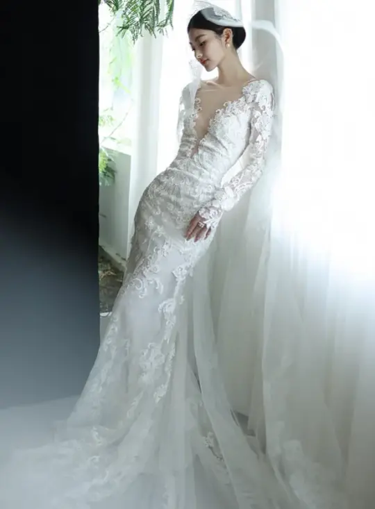 White lace V-neck waist slim sexy long dress bridal dress R6055