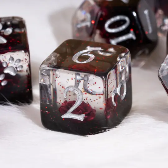 Bleeding Rose Dice Set – 8pc Resin Dice with a Red Rose and Glitter