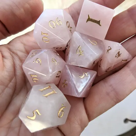 Rose Quartz Gemstone Dice Set – 7-Piece Real Pink Stone DnD Dice