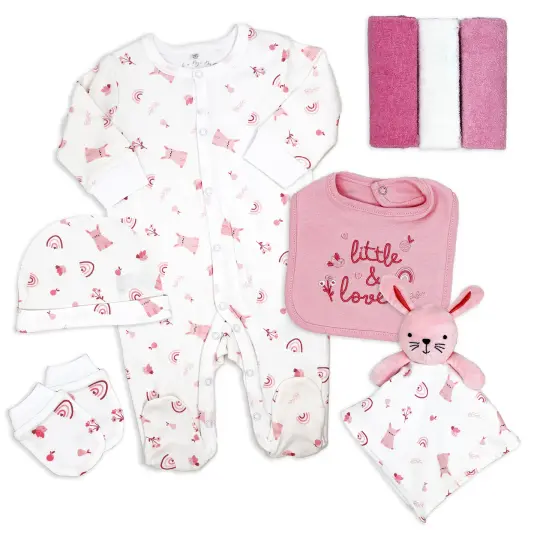 Rock A Bye Baby Boutique Baby Girls Pink Bunny 8 Piece Layette Gift Set, 0-3M