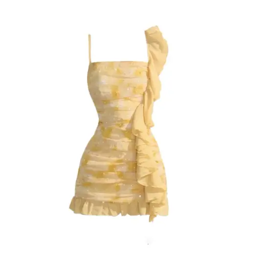 Vibrant Bright Yellow Sheath Spaghetti Straps Draped Crepe Bodycon Mini Summer Dress Homecoming Dress RS293