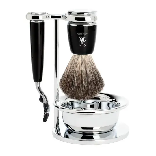 MÜHLE RYTMO 4 Pc. Shaving Set, Pure Badger Brush & Gillette® Mach3® Razor, Black