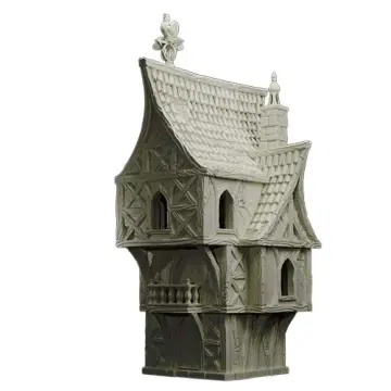 An unpainted, medium-dark grey 3D-printed tabletop miniature of a tall, three-story medieval fantasy townhouse. The building features a distinctive jettied design, with each upper level heavily overhanging the floor beneath it. The exterior is detailed with half-timbered walls, arched windows, and a small projecting balcony with a balustrade on the second floor. The steep, wood-shingled roof is topped with an ornate rooster weather vane on the front peak and a stone chimney near the back. Isolated on a white background.