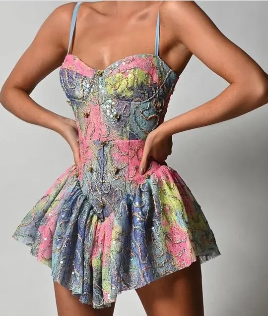 Silver Color Sequined Strap Sexy Waist Short Skirt Homecoming Dress R2833
