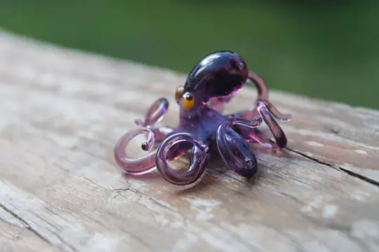 Handmade Purple Glass Octopus Figurine, Miniature Blown Glass Sea Creature