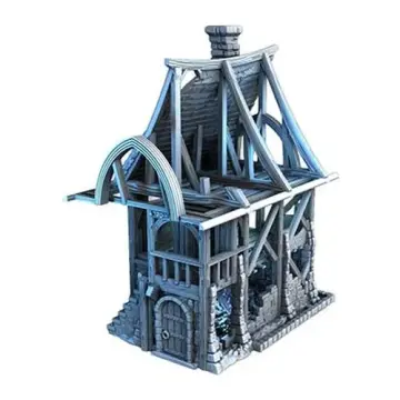 Unpainted 28mm 3D-printed ruined red-roofed town house frame — tabletop RPG terrain for D&D, Pathfinder & wargaming