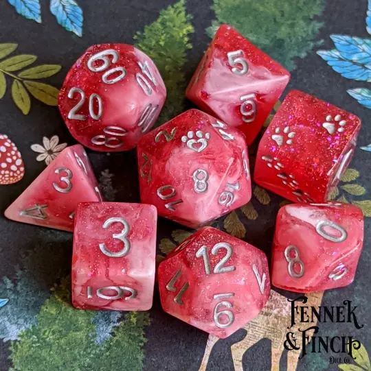 Red Dahlia 8 Piece Dice Set – Clear Red Glitter Foil White Marbled Cat Wizard