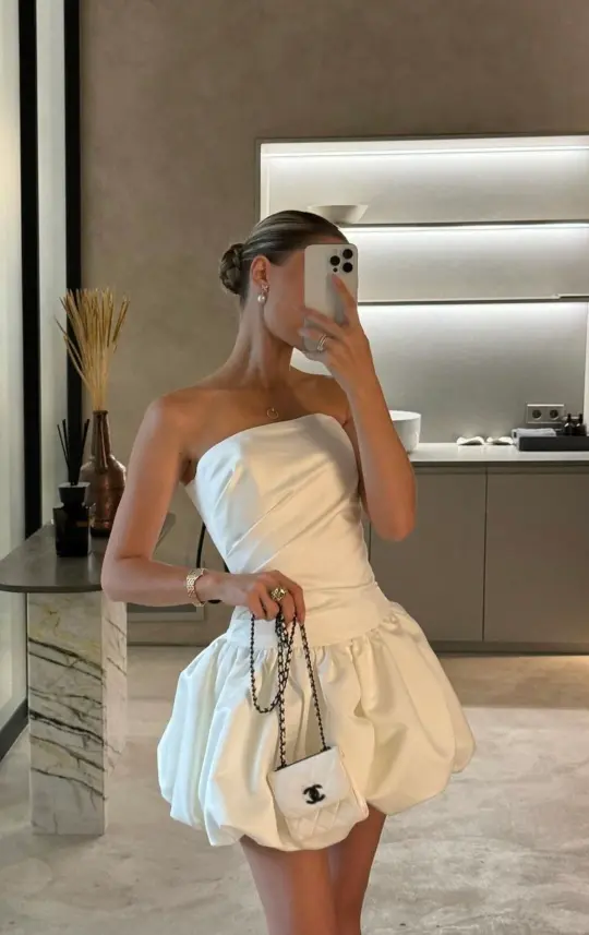 White satin tube top waist pleated bud skirt short skirt homecoming dress R3886