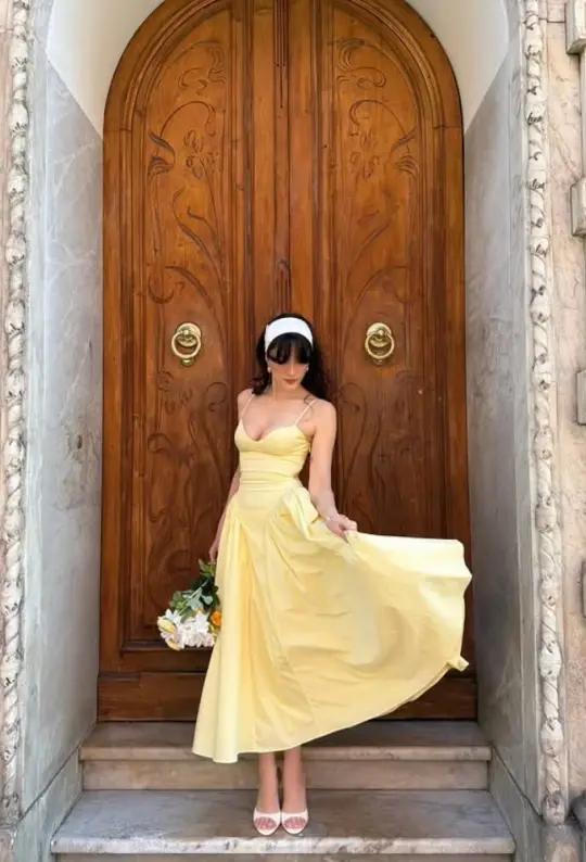 Flowy Satin Silky Prom Gown Pastel Yellow Women's Corset Maxi Birthday Dress Casual Dress RS3010