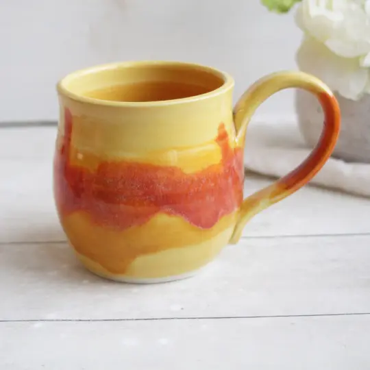 Handmade Cheerful Orange and Yellow Pottery Mug, Made in USA