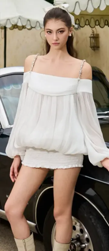 White light strap one shoulder long sleeve cute short skirt homecoming dress R4713