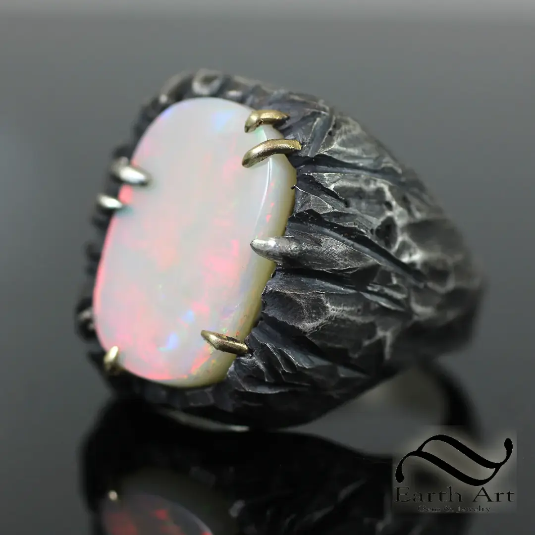 Australian Opal in Rustic Rock Carving Ring