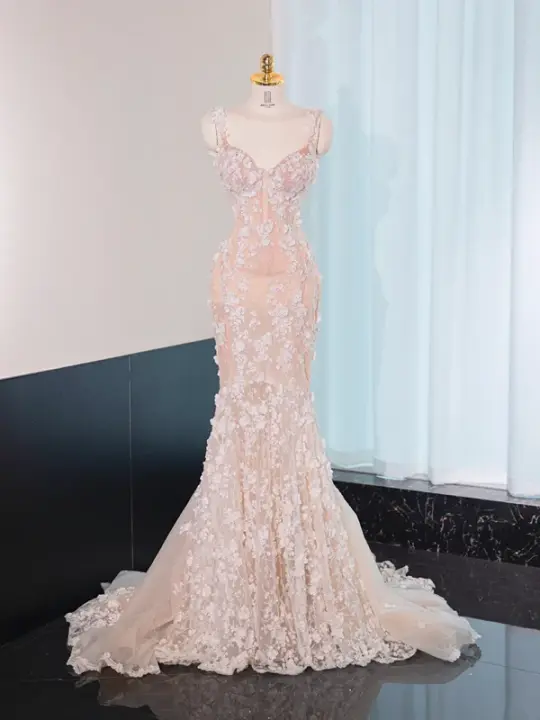 Light pink halter-neck fitted bodycon long ball gown, bridal dress R8999