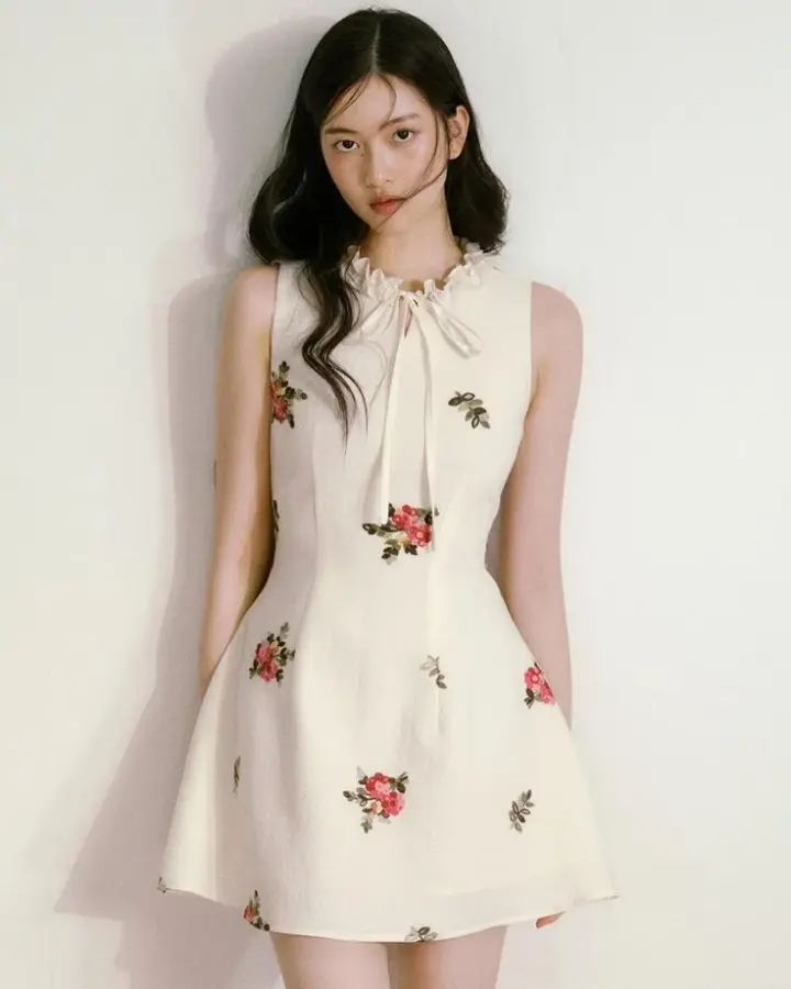 White print retro floral elegant waist slim A-line short skirt homecoming dress R3347