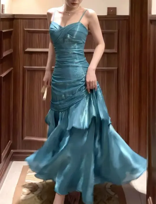 French Chic Baby Blue Prom Dress ,Silky Satin Bodycon Maxi Evening Dress RS1263