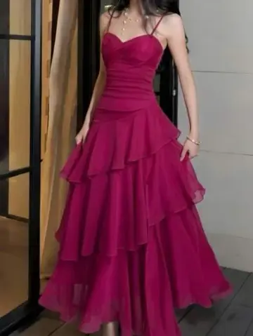 Vibrant Flowy Ruffled Corset Prom Gown , Barbie Pink Women's Maxi Party Dress RS2303