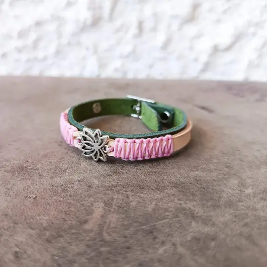 Vietnam Lotus Leather Bracelet | Personalized Green Leather Bracelet for Women