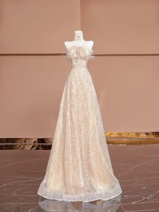 Light apricot strapless A-line long ball gown/bridal dress R8397