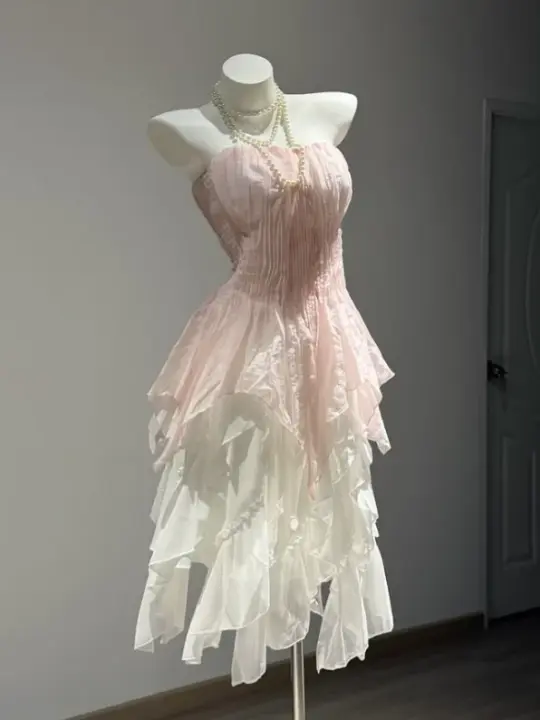 Gentle Pink and White Homecoming Dress ,A-Line Strapless Tiered Corset Prom Dress Party Dress RS1072