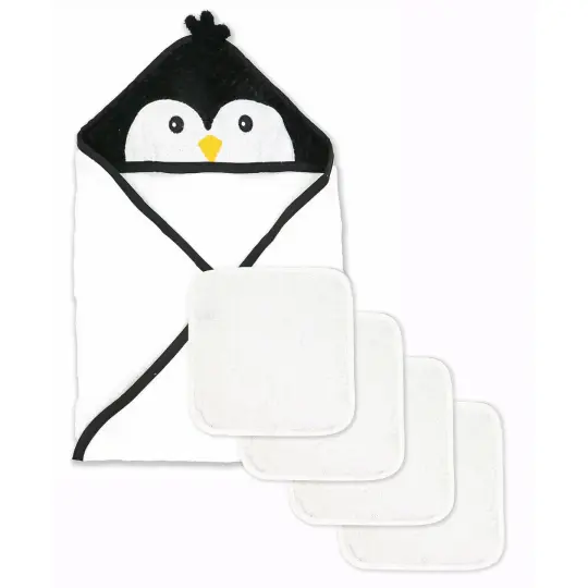Jesse & Lulu Baby Boys and Baby Girls 4 Piece Hooded Bath Towel and Washcloth Set, Penguin