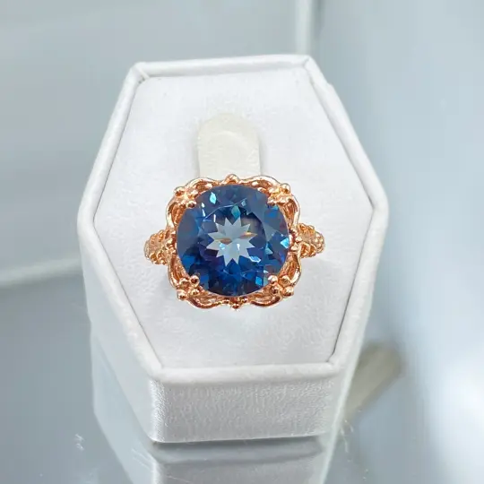 Natural London Blue Topaz Ring, Size 6.5, Rose Gold plated Victorian Filigree #D103 - Ready to Ship