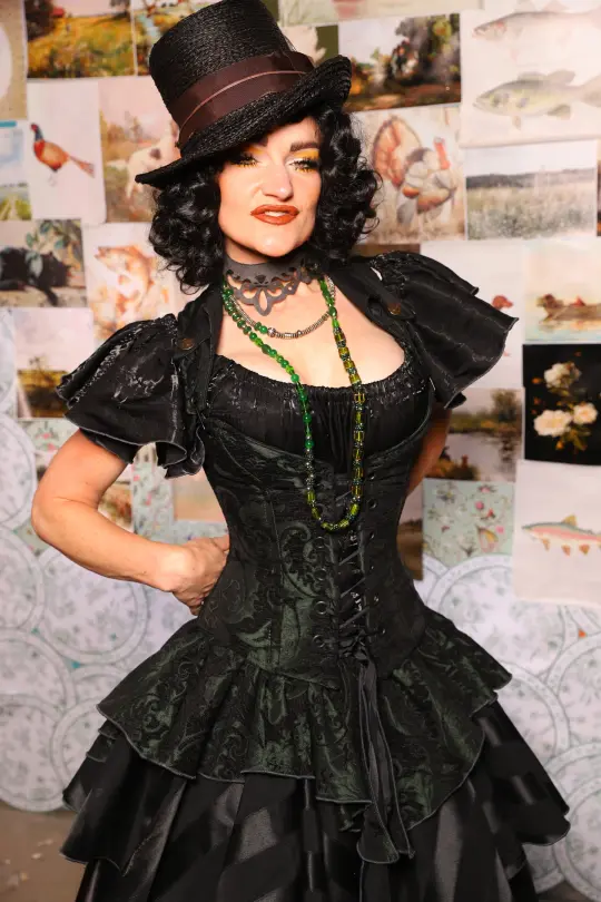 Petite Overbust w/Voyager Collar in Black & Green Medallion - The Fowl Majesty Collection