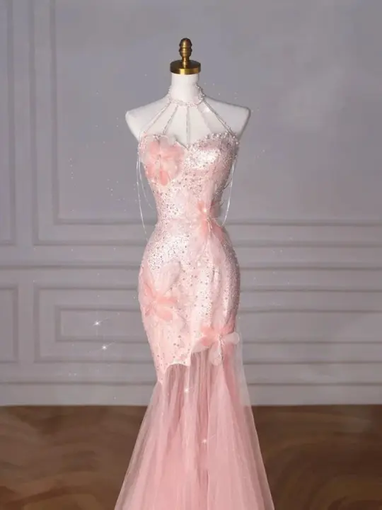 Pink halter neck slim waist hip-hugging fishtail maxi skirt, prom dress R5310