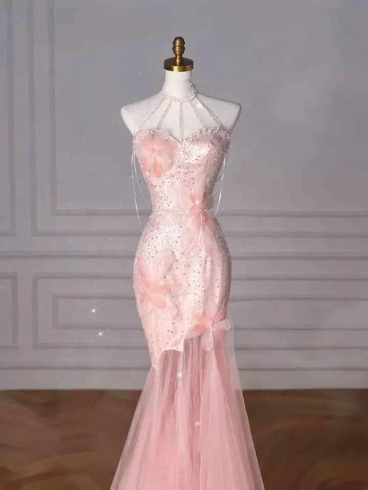 Pink halter neck slim waist hip-hugging fishtail maxi skirt, prom dress R5310